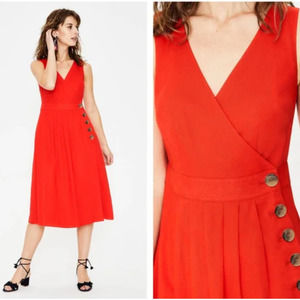 Boden Midi Dress Arwen Wrap Linen Blend Poppy Red Orange Sleeveless Button US 10